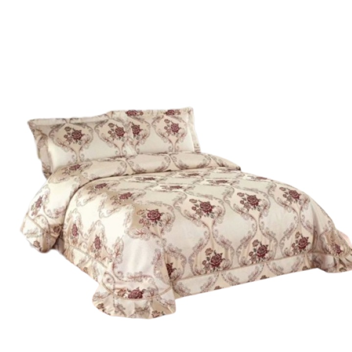 Кувертюра за двойно легло и 2 калъфки за възглавници, Сатен, 3 части, 2 лица, 250x250см, Рози, Бяло-Бежово