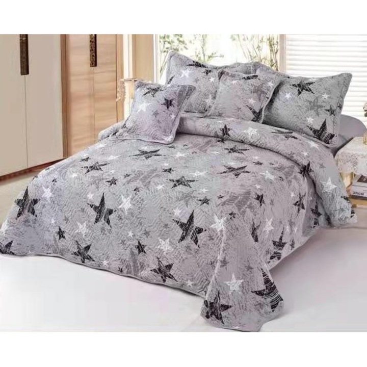 Cuvertura si 4 fete de perne matlasate, Bumbac, 5 piese, 2 persoane, imprimeu Stele, 230x250cm, Gri