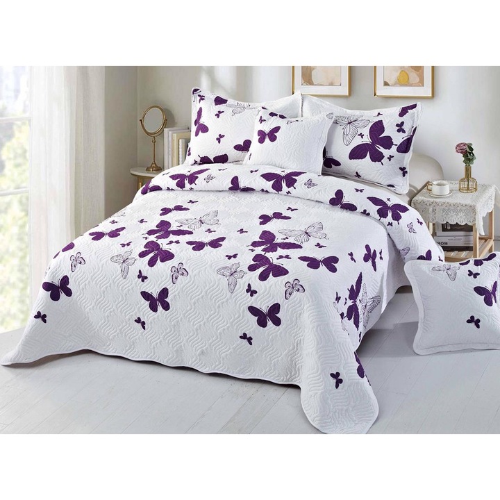 Paplan és 4 steppelt párnahuzat, Pamut, 5 db, 2 személyes, Lila Pillangók nyomat, 230x250cm, Fehér-lila