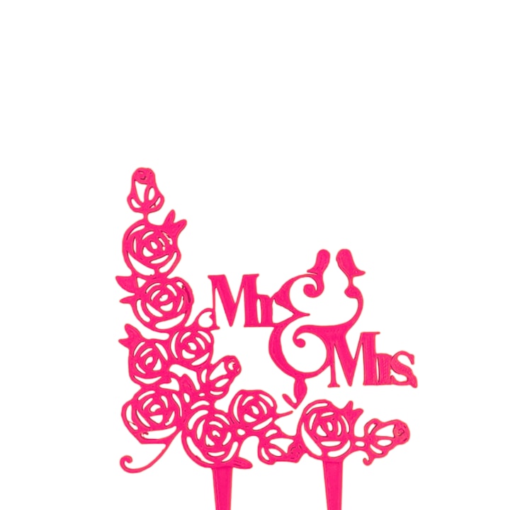 Декорация за сватбена торта Mr&Mrs с рози 15 х 10 см малиново розово