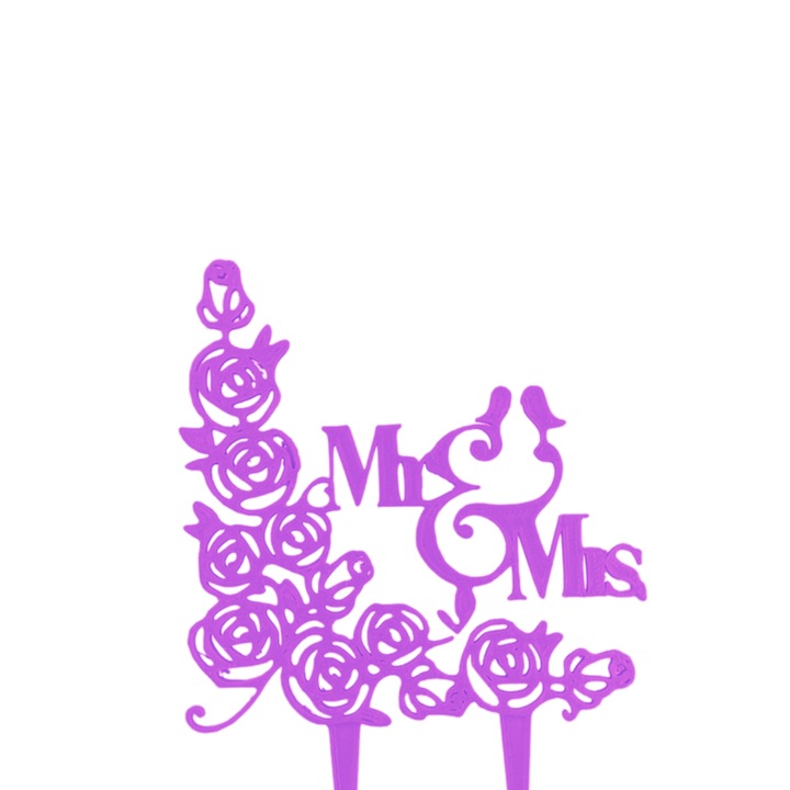 Декорация за сватбена торта, Mr&Mrs с рози, 15 х 10 см светло лилаво