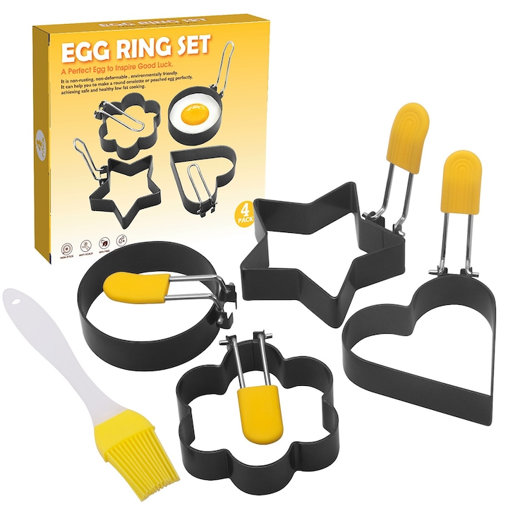 Комплект 4 форми за яйца Flippy, изработени от стомана, незалепващо покритие, диаметър 7,5 см, с ABS дръжка, черни