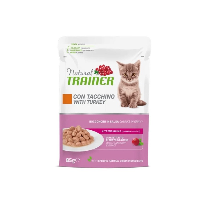 Мокра храна за котки Natural Trainer Cat Kitten & Young, Curan in sauce, торбичка 85 g