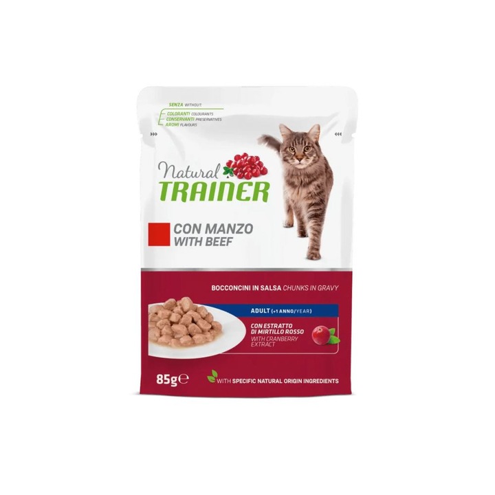 Мокра храна за котки Natural Trainer Cat Adult, Телешко в сос, торбичка 85 гр