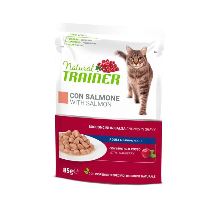 Мокра храна за котки Natural Trainer Cat Adult, Сьомга в сос, торбичка 85 гр