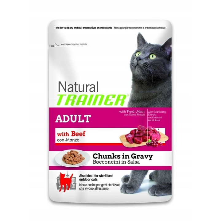 Nedves táp macskáknak Natural Trainer Cat Sterilized, Marhahús szószban, zacskó 85 g