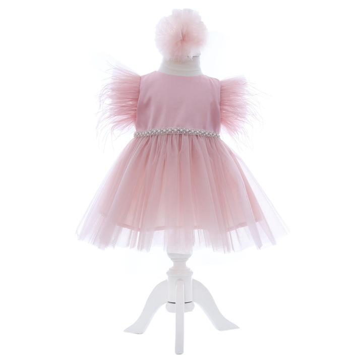 Rochita roz pudrat cu maneca scurta pentru botez de fetite, 2 piese, Recostore®, REC2422, 1-3 luni