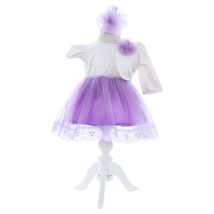 Rochita lila cu maneca scurta pentru botez de fetite, 3 piese, Recostore®, REC2423, 3-6 luni