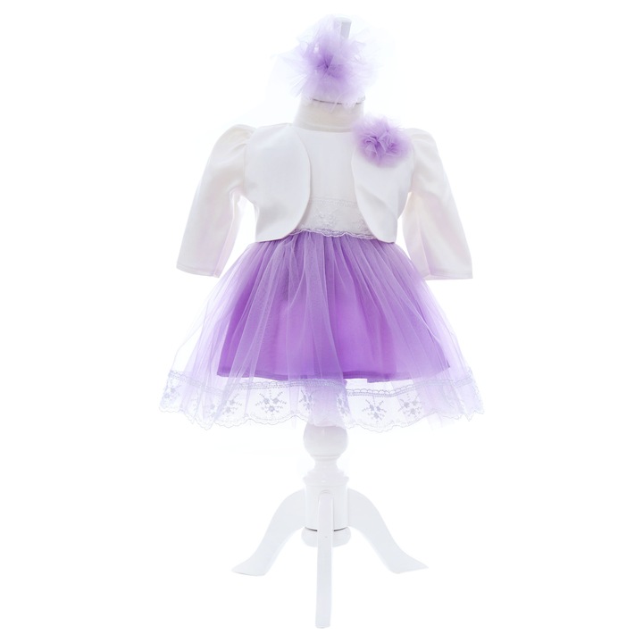 Rochita lila cu maneca scurta pentru botez de fetite, 3 piese, Recostore®, REC2423, 3-6 luni