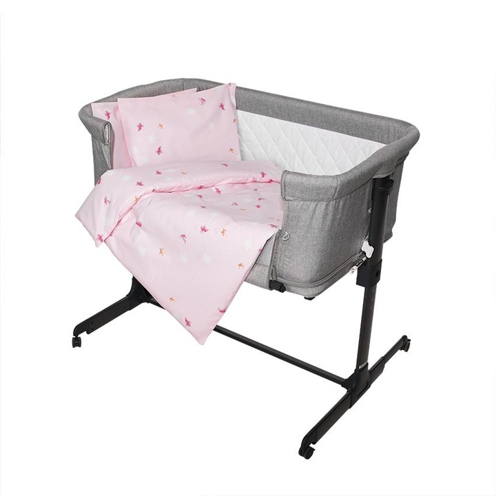 Set lenjerie pat 5 piese, Lorelli, 100% bumbac ranforce, Eva, dimensiune interioara 90x50 cm, Butterflies Pink