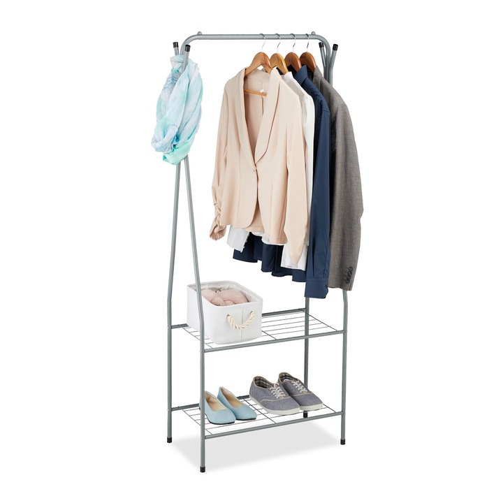 Cuier haine cu suport pantofi, 2 polite, metal, 158 x 60 x 33 cm, gri