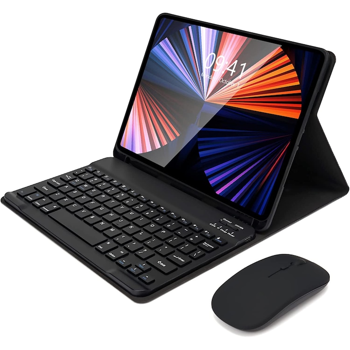 Калъф с безжична клавиатура и мишка, Bluetooth, Sigloo, Съвместим с Apple iPad 10 (2022), 10,9 инча, Черен