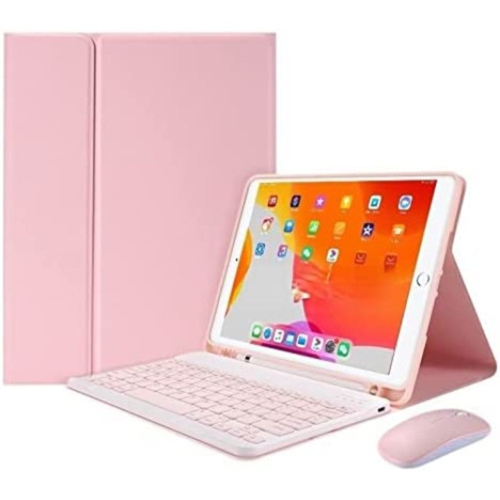 Husa cu tastatura si mouse Wireless, Bluetooth, Sigloo, compatibila cu tableta iPad Pro 11, 1st Gen 2018 / 2nd Gen 2020 / 3rd Gen 2021, 11 Inch, Pink