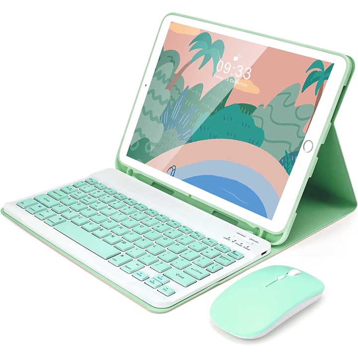 Калъф с безжична клавиатура и мишка, Bluetooth, Sigloo, съвместим с Apple iPad 10 (2022), 10,9 инча, зелен
