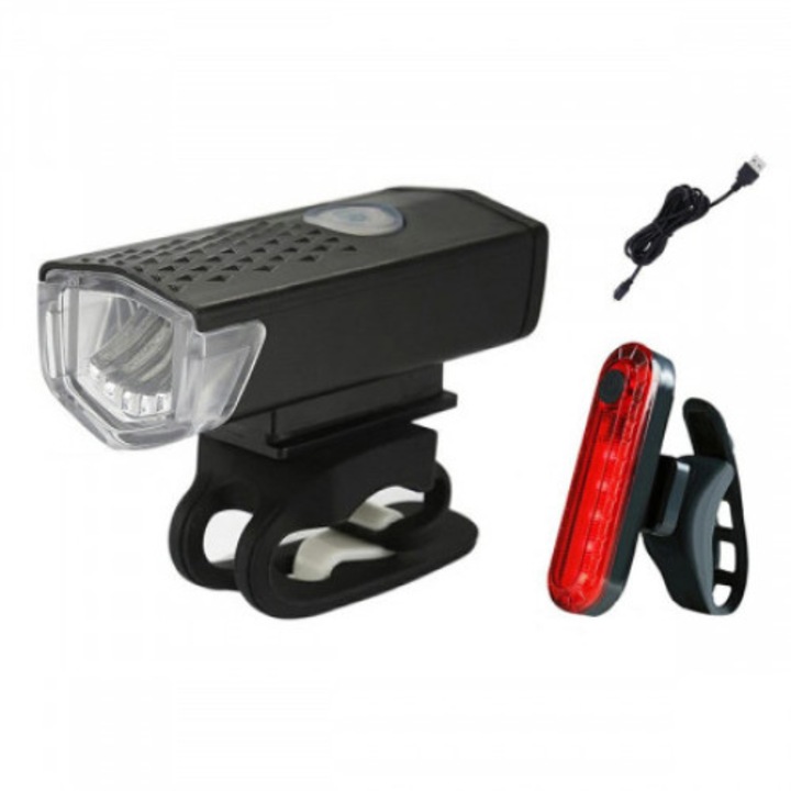 2 db kerékpáros lámpa készlet, 5 db fehér első LED, 5 db piros hátsó LED, USB töltés, kábel mellékelve, fekete