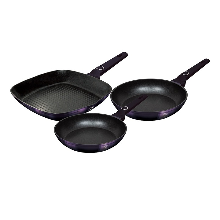 Set 3 tigai Purple Eclipse Collection Berlinger Haus BH 7104, antiaderente, titan, mov, grill, inductie, curatare usoara