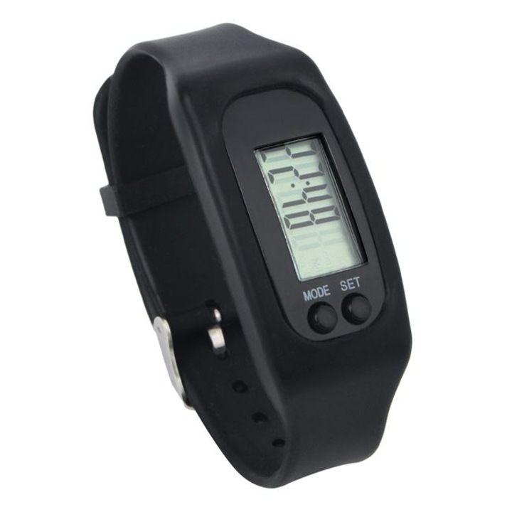 Ръчен часовник за спортни тренировки, брои крачки, калории, км и разстояние, включена батерия, екран 2x4 см, силикон, черен