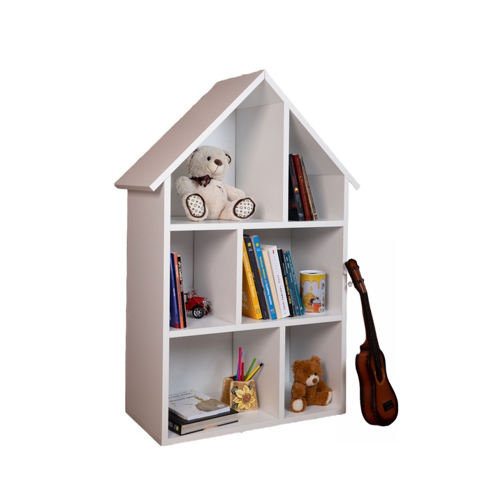 Детска етажерка за книжки и игри, Органайзер, Дървена къщичка, Бял, Сглобен, 100x60x30см