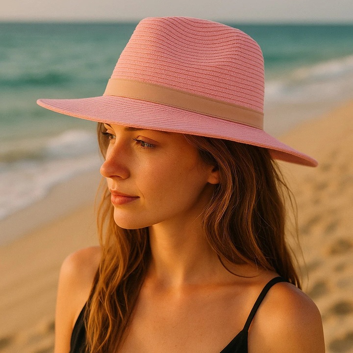 Palarie plaja dama roz cu banda bej