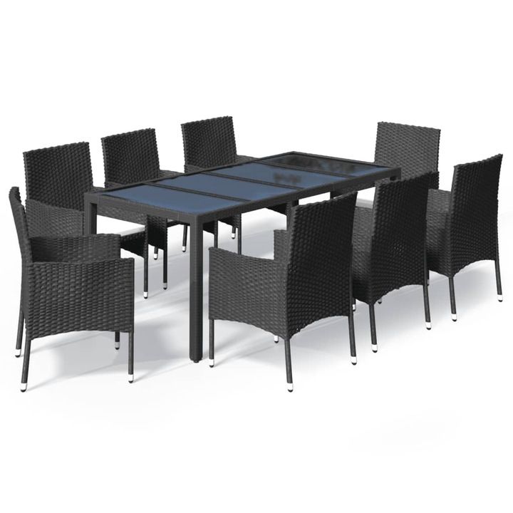 Set mobilier de gradina cu perne vidaXL, 9 piese, negru, poliratan, 50.4 kg