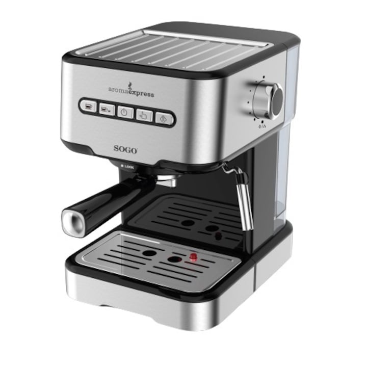Кафемашина за еспресо SOGO CAF-SS-5685, 850W, 20 bar налягане, 1.5 литра, светещ панел, пенообразувател, таймер, 2 филтъра, неръждаема стомана