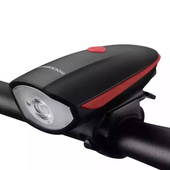 Kerékpáros lámpa csengővel Rockbros 7588, LED, 1200 mAh, 250 lm, USB töltés, zseblámpa funkció, IPX5, fekete/piros