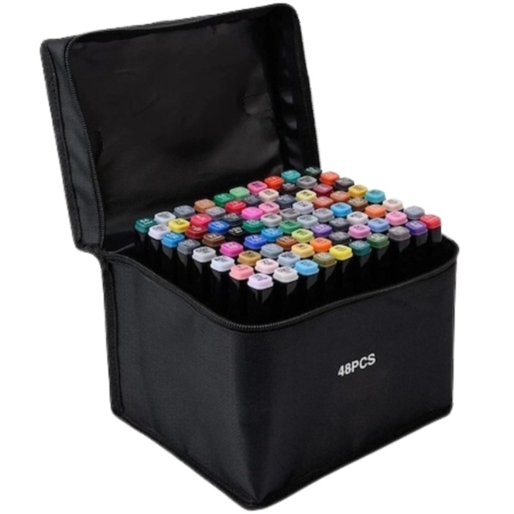 Set 48 markere multicolore, 2 capete subtire si gros, cu geanta de depozitare dedicata