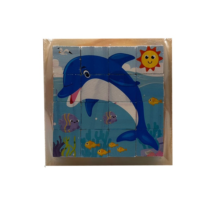 Комплект от 16 дървени кубчета, 6 лица, 6 етажа, Водни животни, 10x10 см, с подложка, Vision XXI
