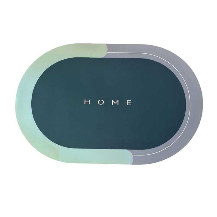 Covor De Baie GREATON, Imprimeu „Home”, Absoarbe Rapid Apa, Cauciuc Antiderapant, Spalare Manuala, 57 x 38 cm, Verde / Blue