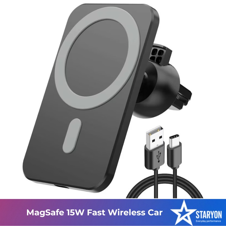 Incarcator auto wireless magnetic MagSafe, 15W Qi Fast Charging, Rotire 360 grade, compatibil cu modele iPhone 15, iPhone 14, iPhone 13, iPhone 12, Staryon®, Negru