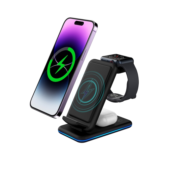 Безжично зарядно устройство Staryon® 3 в 1 Qi Fast Charging 15 W, Съвместим с Apple Watch Series 2-7, Airpods 2/3/PRO и iPhone Ipad Android Samsung Huawei Xiaomi, Черен
