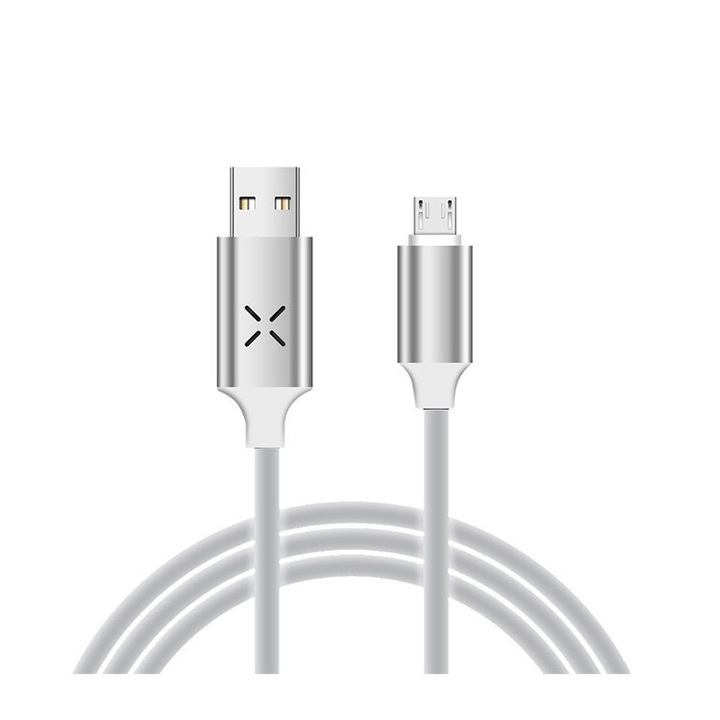 Adat-és töltőkábel DC09, MicroUSB/USB csatlakozó, hangra bekapcsoló villogó fénnyel, 2A gyors töltés, 1 méter, fehér