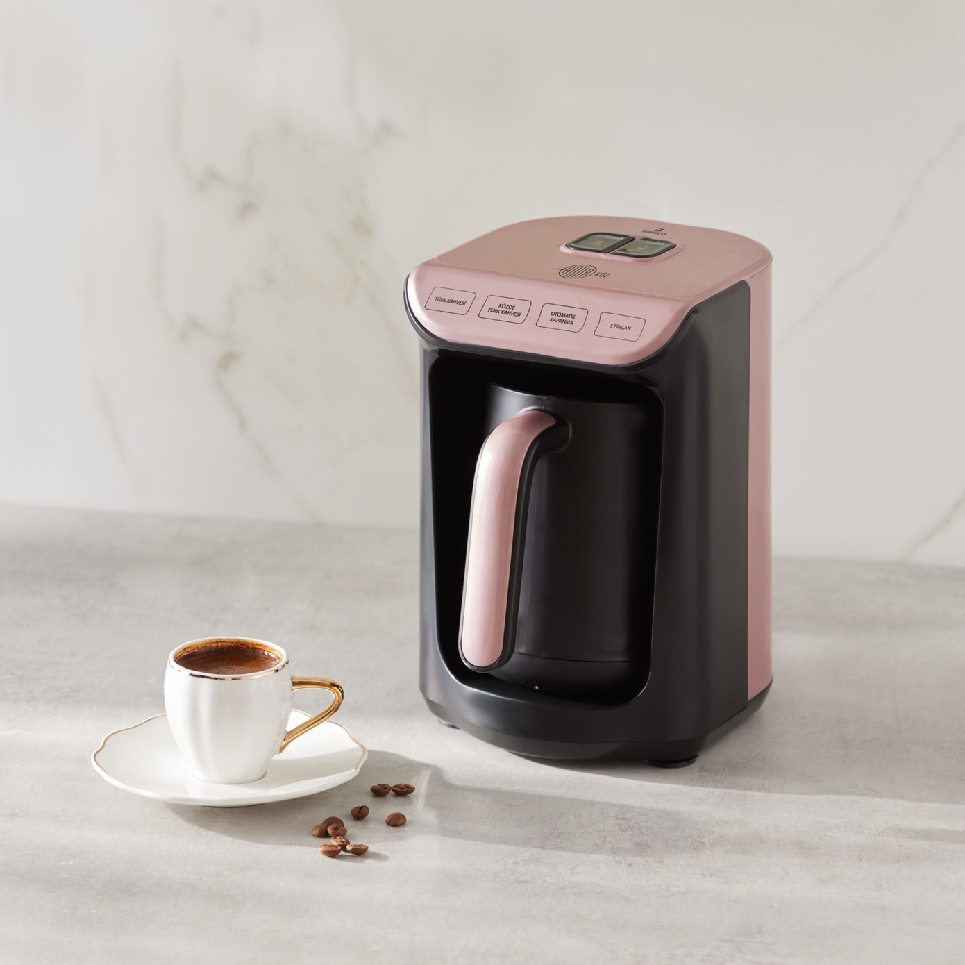 Cafetiera turceasca, Karaca, Hatır Köz, Rose Gold Satin, pentru 5 cesti, 535 W, Avertizare sonora, Sistem prevenire umplere