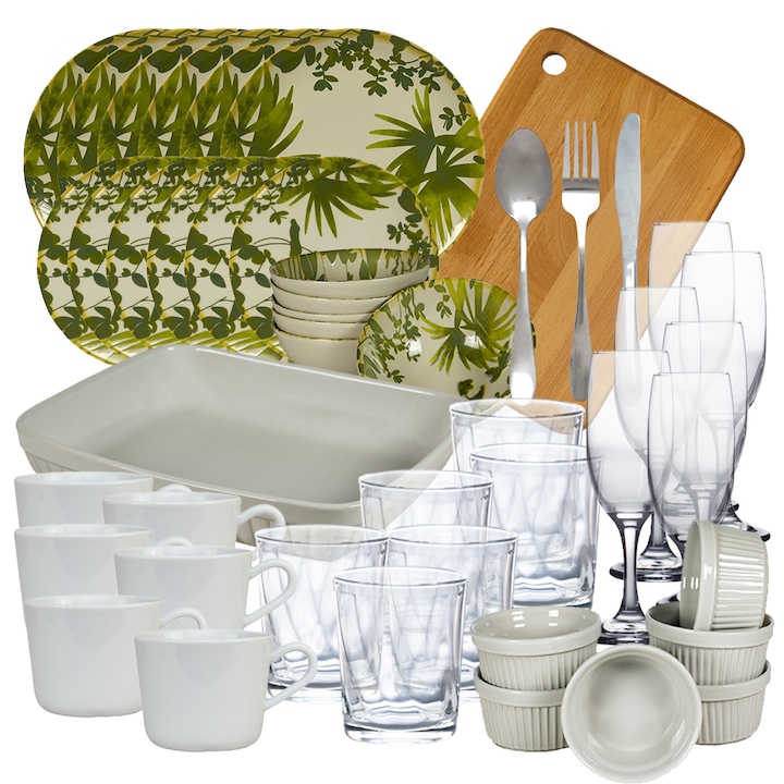 Set de masa cu farfurii, Green Leaves, 62 piese, Crem/Verde Inchis