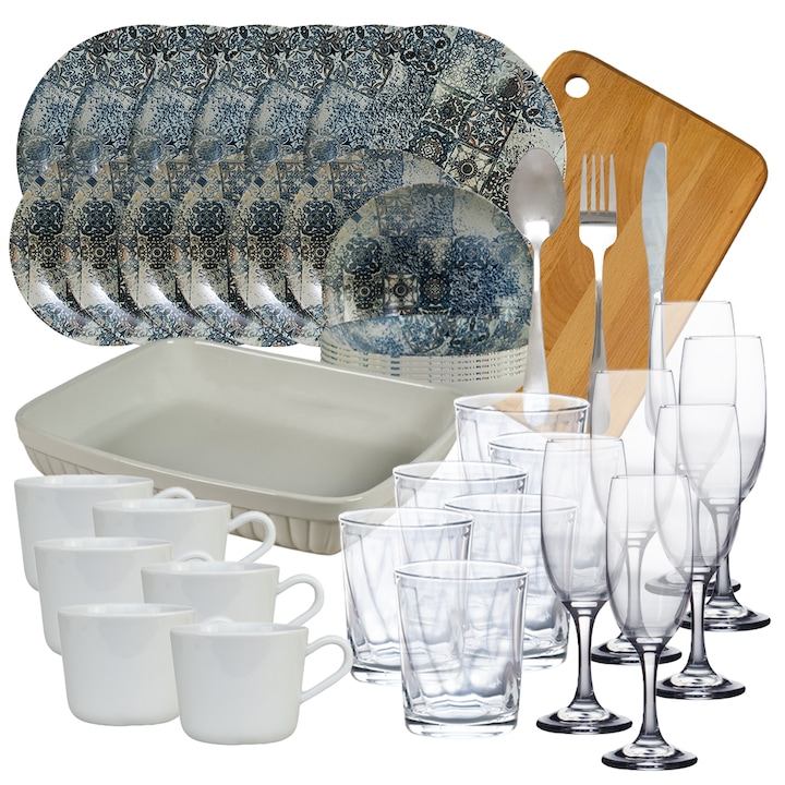 Set de masa cu farfurii, Blue Ash, 56 piese, Crem/Albastru