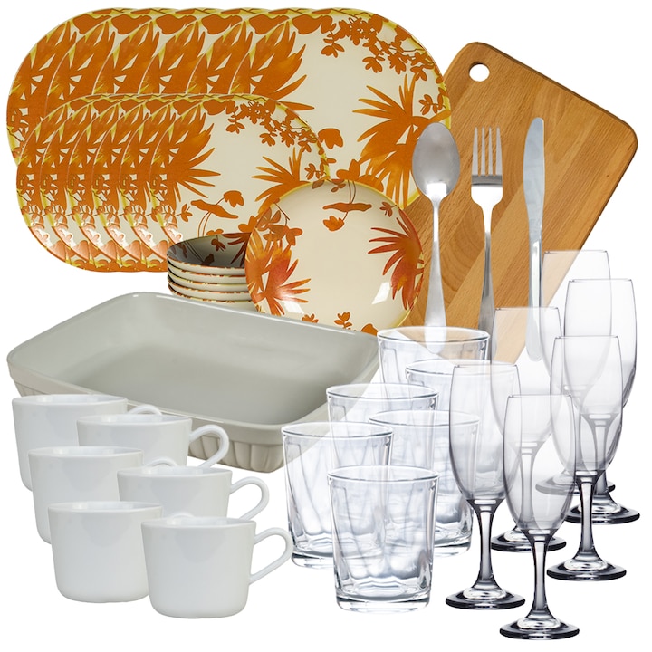 Set de masa cu farfurii, Orange Leaves, 56 piese, Crem/Portocaliu
