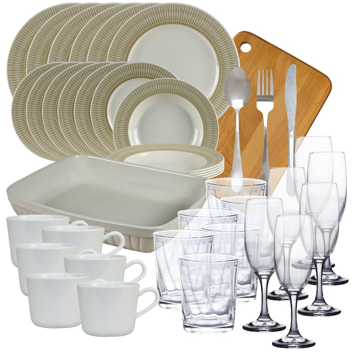 Set de masa cu farfurii, Striations, 56 piese, Ivory/Maro