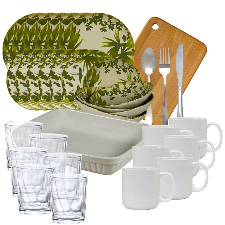 Сервиз за хранене Green Leaves, 50 части, Cream/Dark Green
