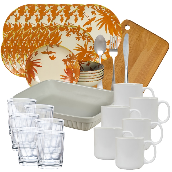 Set de masa cu farfurii, Orange Leaves, 50 piese, Crem/Portocaliu