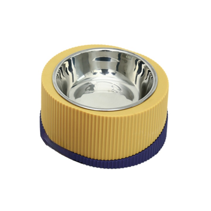 Castron pentru apa sau mancare, cu suport, pentru hranire pisici/caini de talie mica/medie, bol din otel inoxidabil, 17 x 15.5cm, galben/albastru