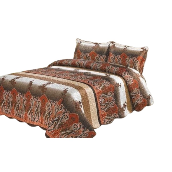 Cuvertura de pat dublu, Matase tip Organza, 3 piese, 2 persoane, 230x250cm, Bej Multicolor