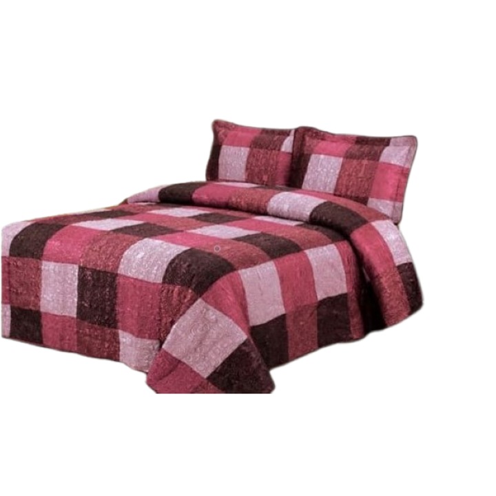 Cuvertura de pat dublu, Matase tip Organza, 3 piese, 2 persoane, 230x250cm, Patratele Ciclame-Maro