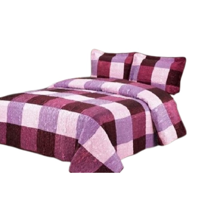 Покривало за двойно легло, тип копринена органза, 3 части, 2 лица, 230x250 см, лилаво-кафяви квадрати