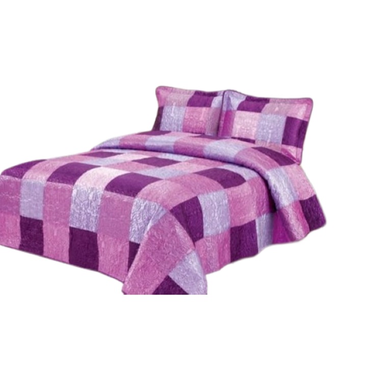 Покривало за двойно легло, тип копринена органза, 3 части, 2 лица, 230x250 см, лилаво-лилави квадрати