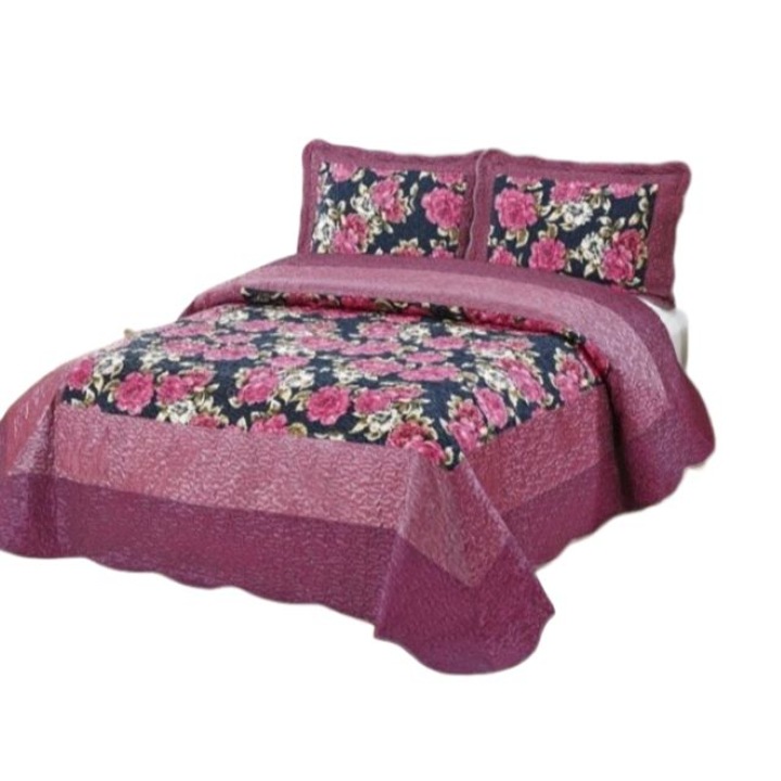 Cuvertura de pat dublu, Matase tip Organza, 3 piese, 2 persoane, 230x250cm, Ciclame