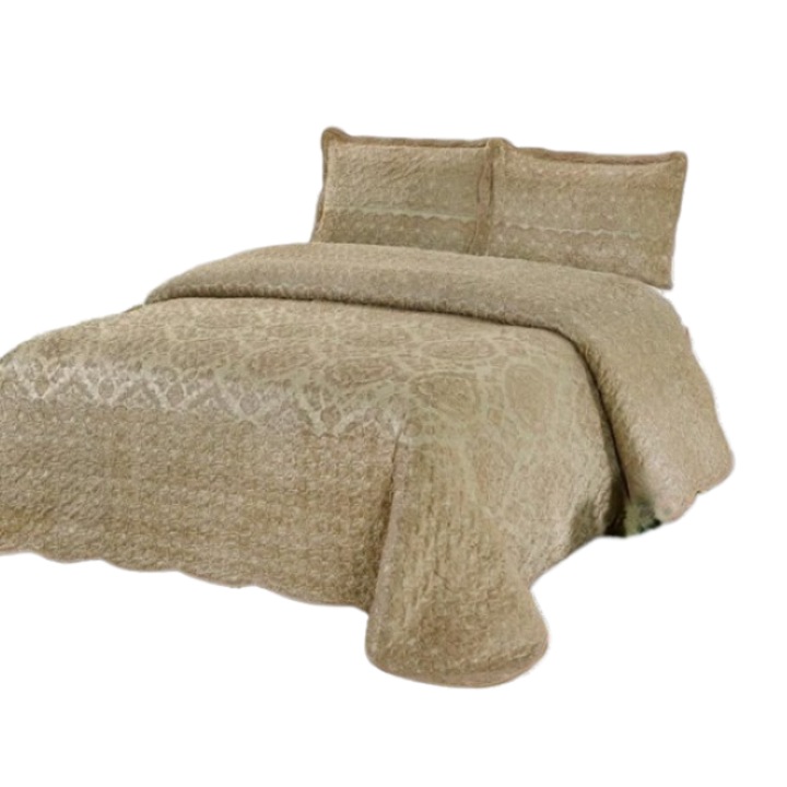 Cuvertura de pat dublu, Catifea Elegant, 3 piese, 2 persoane, 230x250cm, Bej