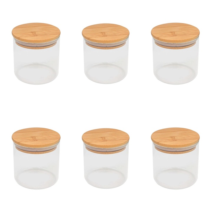Set 6 borcane de depozitare, cu capac din bambus, sticla, transparent/bej, 350 ml, 8,5x9,5cm