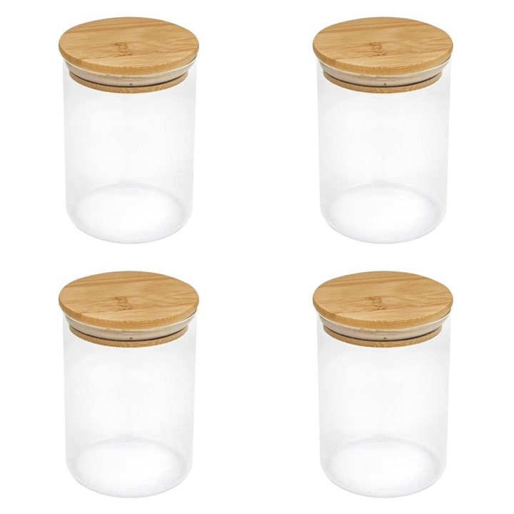 Set 4 borcane de depozitare, cu capac din bambus, sticla, transparent/bej, 500 ml, 8,8x12,8cm