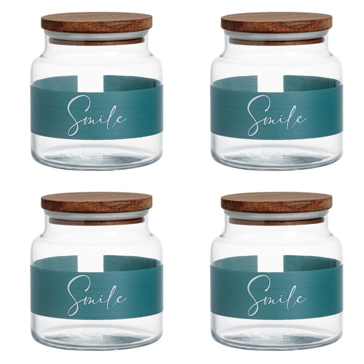 Set 4 borcane de depozitare, cu capac din lemn, mesaj Smile, sticla, transparent/gri, 635 ml, 10x11cm