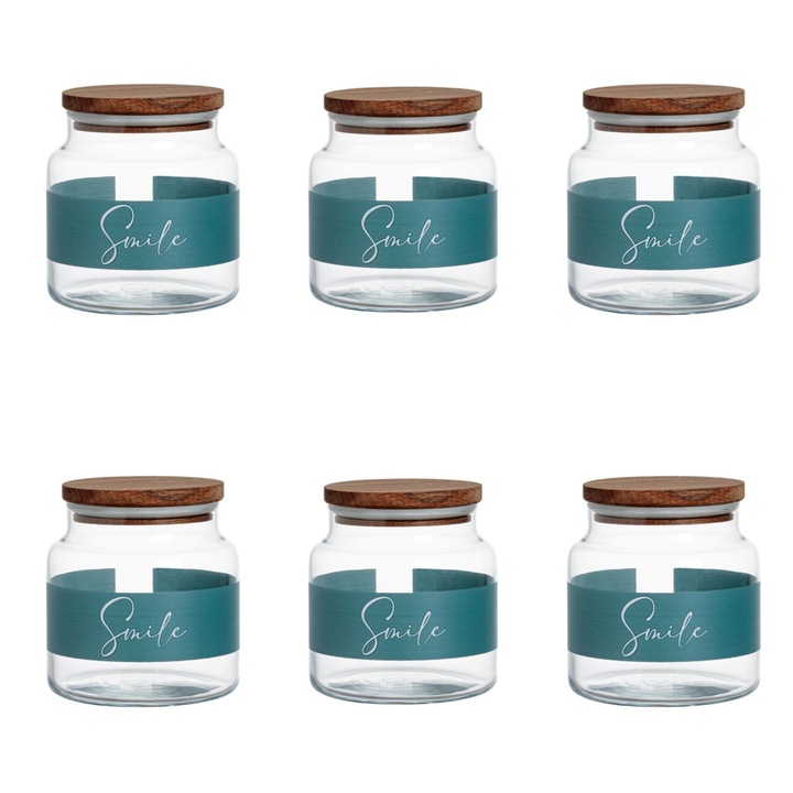 Set 6 borcane de depozitare, cu capac din lemn, mesaj Smile, sticla, transparent/gri, 635 ml, 10x11cm